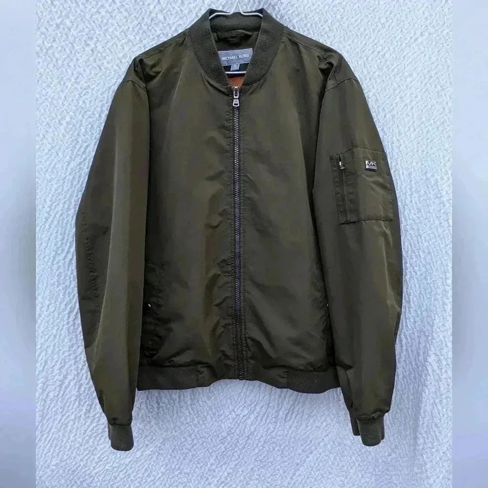 Michael Kors Men's Military Green Bomber Jacket w/ Orange Logo Lining Size XL
